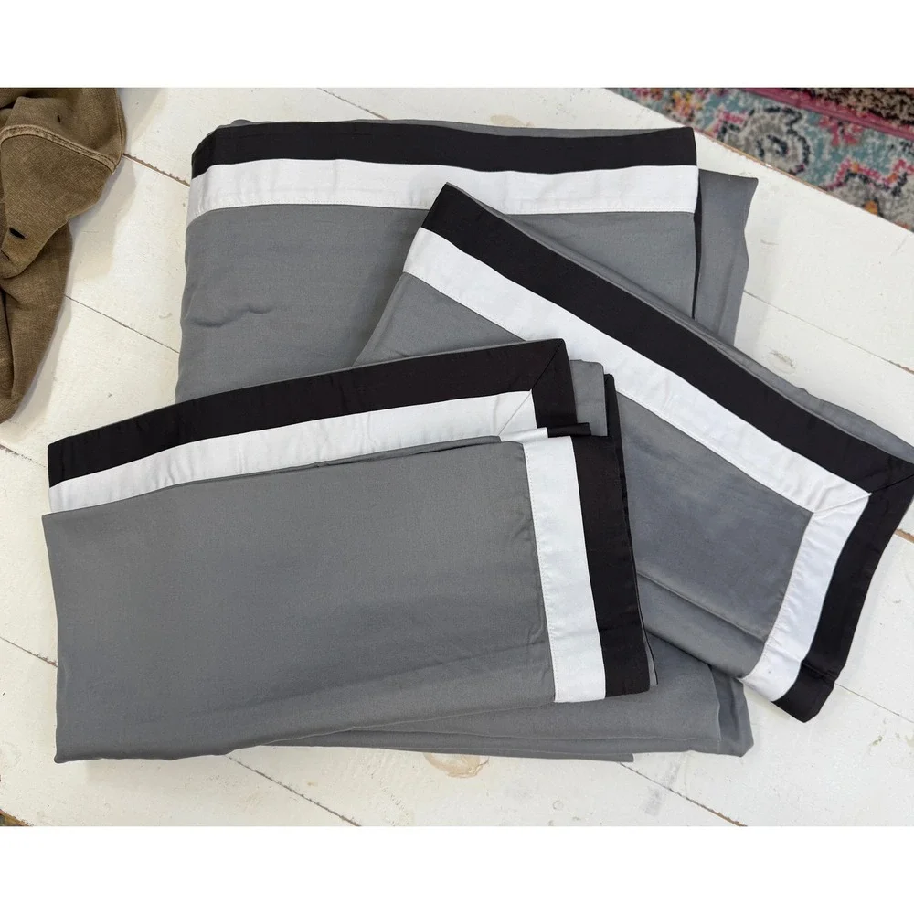 Frette King Duvet Cover & Euro Sham Set Grey Black White‎ Luxury Bedding NWOT